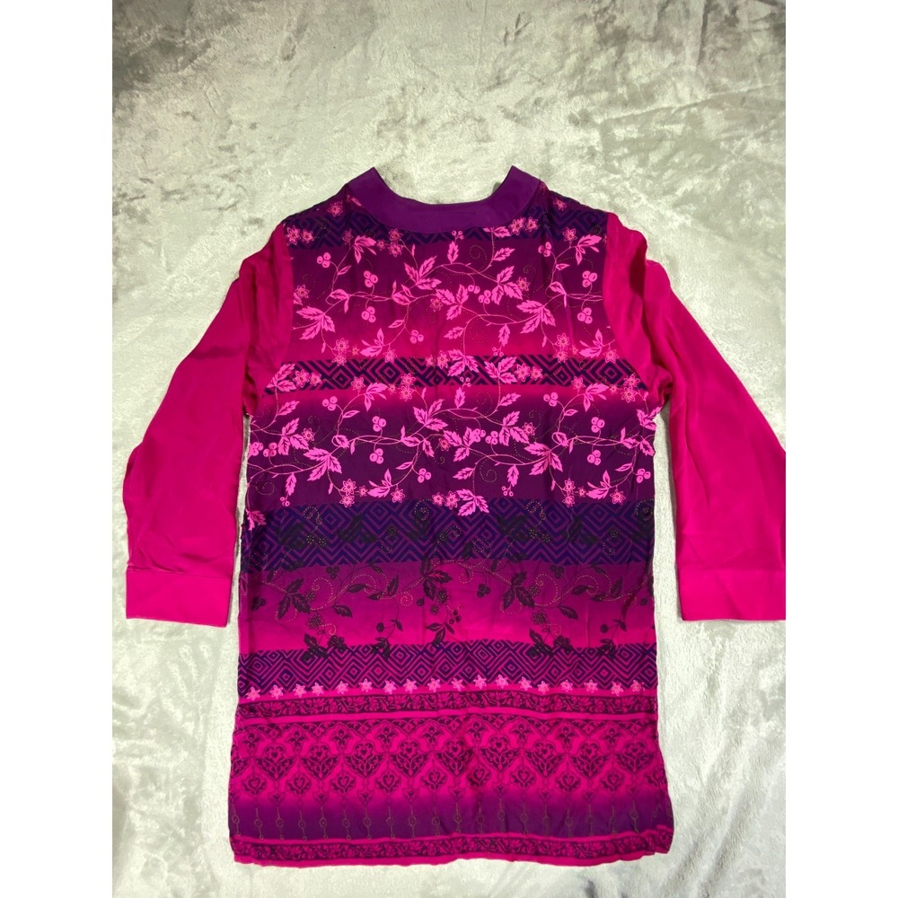 Diane Gilman Tunic‎ Top Womens Medium Pink Purple Floral Silk Sequin Henley NEW - Picture 8 of 9